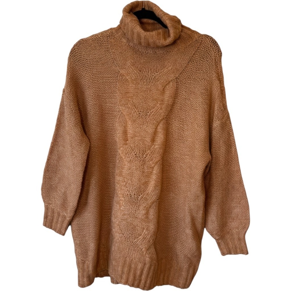 Aerie Women Wool Blend Sweater S Orange Turtleneck Cable Knit Pullover oversized